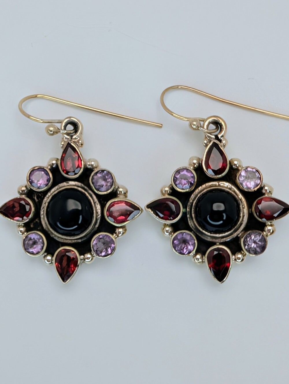 Garnet Amethyst Black Onyx S925 Sterling Silver Cluster Dangle Earrings